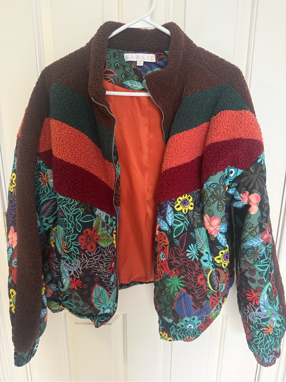 Karlie Brown Multi Floral Patchwork Teddy Jacket with Orange Lining